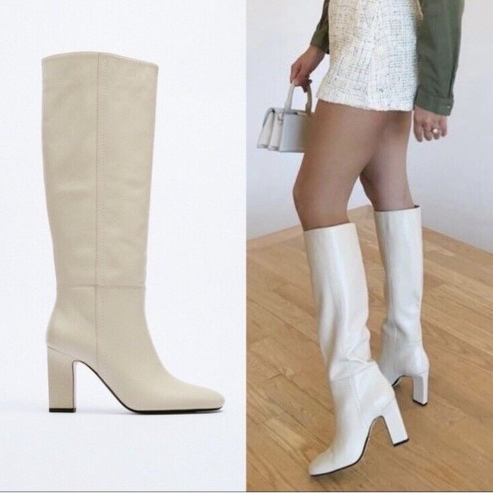 ZARA Cream Knee-High Heeled Boots